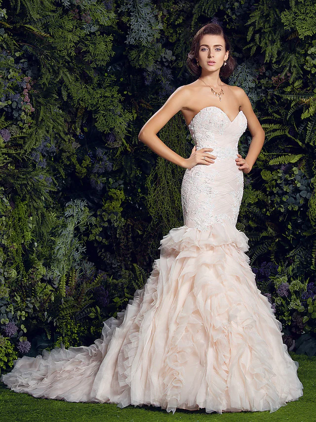 Luolandi Wedding Dresses Sweetheart Neckline Court Train Tulle Corded Lace Strapless Vintage Sexy Illusion Detail with Appliques Cascading